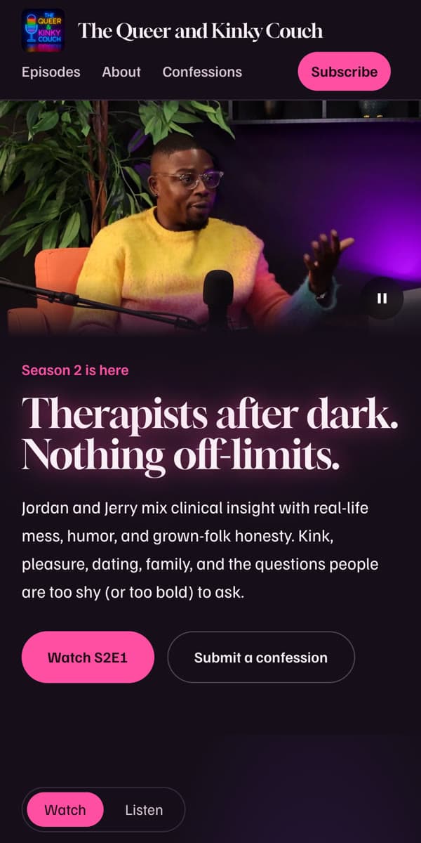 The home page of The Queer and Kinky Couch on a phone